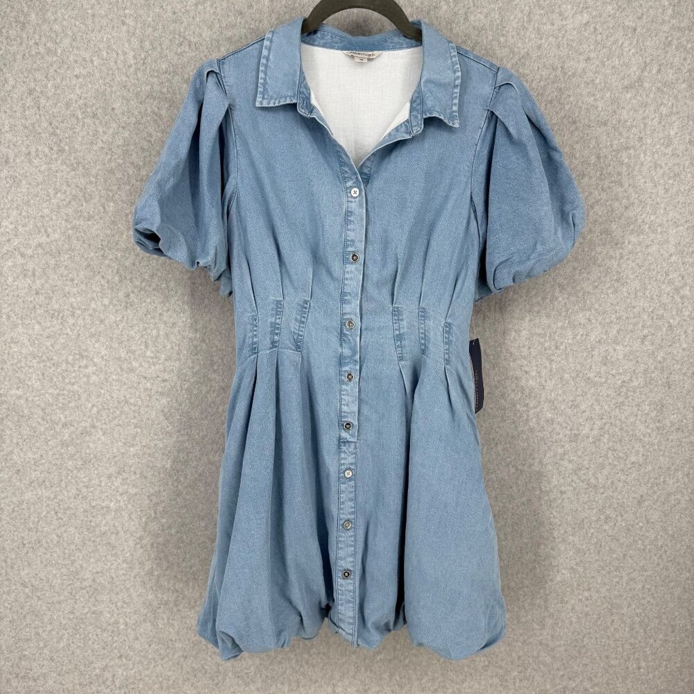 Habitual Girl Chambray Bubble Hem Dress Size 16 Button Front Puff Sleeve NEW